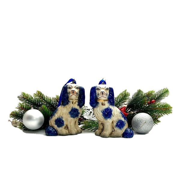 Staffordshire Dog Blue & White Pair Christmas Ornament Decor